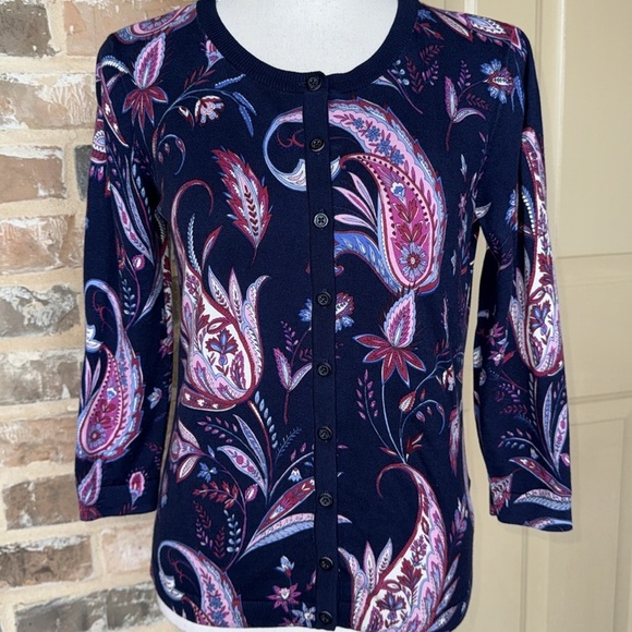 Talbots Charming Collection Blue & Pink Winding Paisley Cardigan Sweater Sz S - Picture 2 of 13